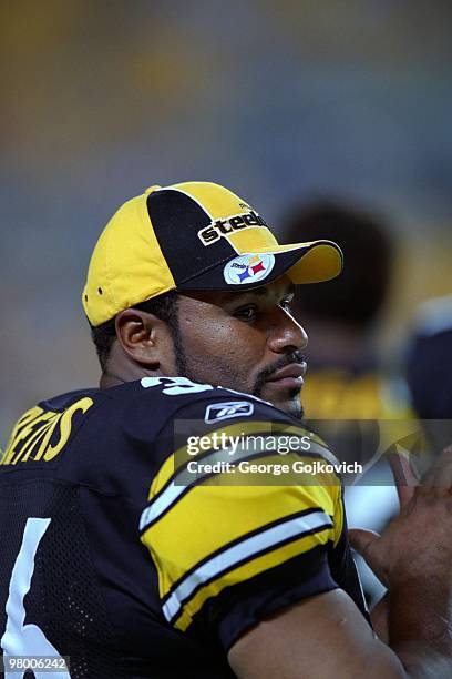 Running back Jerome Bettis of the Pittsburgh Steelers looks on from the sideline during a preseason game against the Buffalo Bills at Heinz Field on...