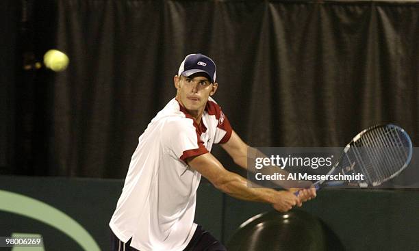 United States' Andy Roddick competes against Sweden's Thomas Enqvist during a Davis Cup quarterfinal match in Delray Beach, Florida April 9, 2004....