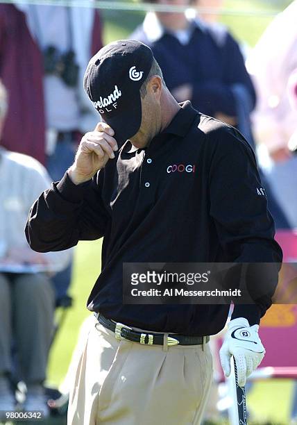 Jonathan Kaye reacts to a missed putt during second round competition January 30, 2004 at the 2004 FBR Open at the Tournament Players Club at...