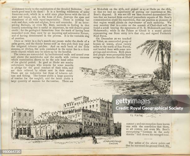 The Exploration of Southern Arabia, An illustrated article in The Graphic, March 31, 1894. Contains images of El Hazm and Jemadars House, Shehr. Item...