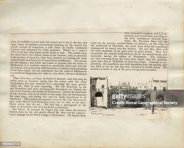 The Exploration of Southern Arabia, An illustrated article in The Graphic, March 31, 1894. Contains image of North Gate of Shehr. Item pasted into an...