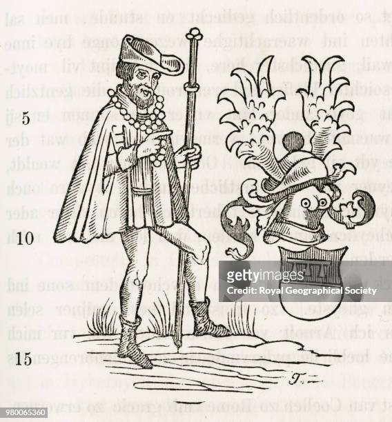 Drawing of pilgrim, From page 1 of 'Die pilgerfahrt des Ritter's Arnold von Harff von Cöln durch Italien, Syrien, Aegypten, etc., ... Wie en sie im...