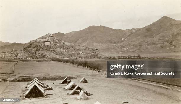 Gyantse Dzong from Chang to the British Trade Agency at Gyantse - the pass marked X is called 'The pass that breaks your knees', Tibet , 1911.