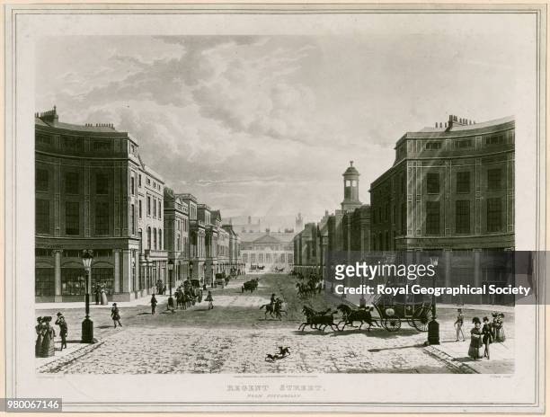 Regent street from Piccadilly, [Regent street c. 1830 in the neighbourhood of Waterloo Place]. This house in Regent Street was home to the Royal...