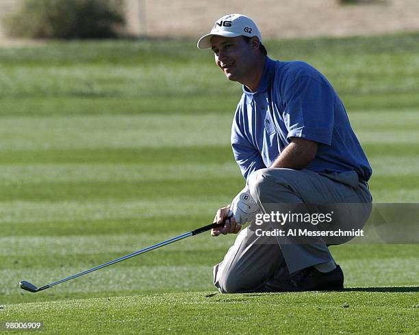 Chris DiMarco reacts to an errant approach shot during second round competition January 30, 2004 at the 2004 FBR Open at the Tournament Players Club...