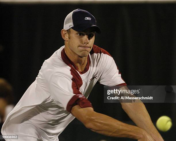 United States' Andy Roddick competes against Sweden's Thomas Enqvist during a Davis Cup quarterfinal match in Delray Beach, Florida April 9, 2004....