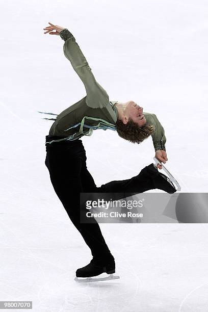Adam Rippon of USA competes in the Men's Short Program during the 2010 ISU World Figure Skating Championships on March 24, 2010 at the Palevela in...