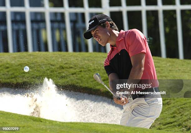 Aaron Baddeley blasts from a sandtrap before play in the third round of the Honda Classic, March 13, 2004 at Palm Beach Gardens, Florida.