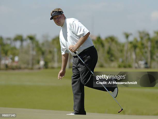 Carl Pettersson dances for a birdie during the third round of the Honda Classic, March 13, 2004 at Palm Beach Gardens, Florida. Pettersson led the...