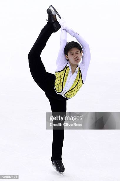 Denis Ten of Kazachstan competes in the Men's Short Program during the 2010 ISU World Figure Skating Championships on March 24, 2010 at the Palevela...