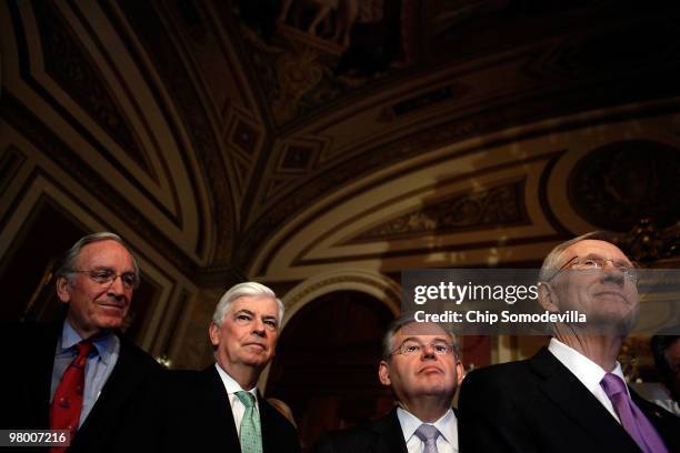 Sen. Tom Harkin , Sen. Christopher Dodd , Sen. Robert Menendez and Senate Majority Leader Harry Reid hold a news conference about the benefits to...