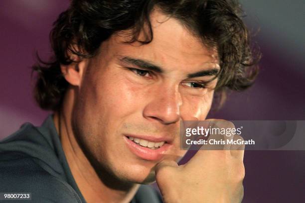 Rafael Nadal talks to the media about his inflamed wisdom teeth at a press conference during day two of the 2010 Sony Ericsson Open at Crandon Park...