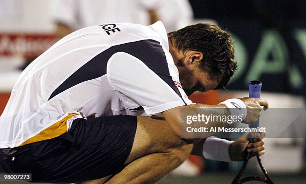 Sweden's Thomas Enqvist competes in the Davis Cup quarterfinals in Delray Beach, Florida April 9, 2004. Enqvist lost to Andy Roddick in three sets.