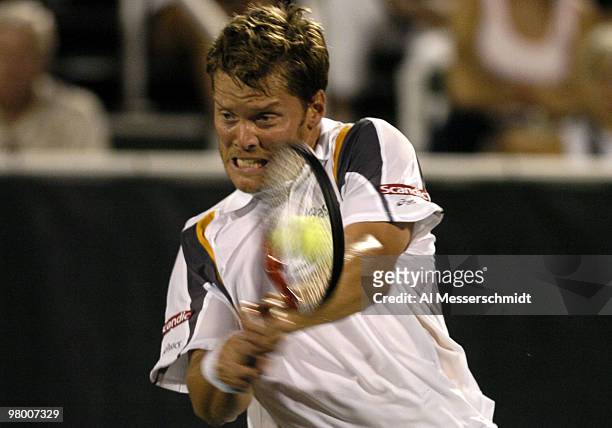 Sweden's Thomas Enqvist competes in the Davis Cup quarterfinals in Delray Beach, Florida April 9, 2004. Enqvist lost to Andy Roddick in three sets.