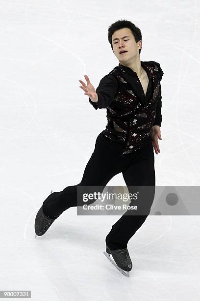 Patrick Chan of Canada competes in the Men's Short Program during the 2010 ISU World Figure Skating Championships on March 24, 2010 at the Palevela...