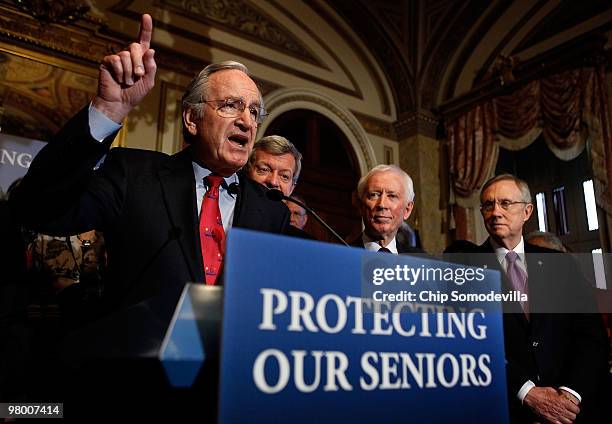 Sen. Tom Harkin delivers remarks during a rally and news conference about the benefits to seniors in the new health care reform law with Sen. Max...