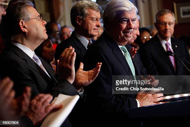 Senate Banking and Urban Affirs Committee Chairman Christopher Dodd delivers remarks during a rally and news conference about the benefits to seniors...