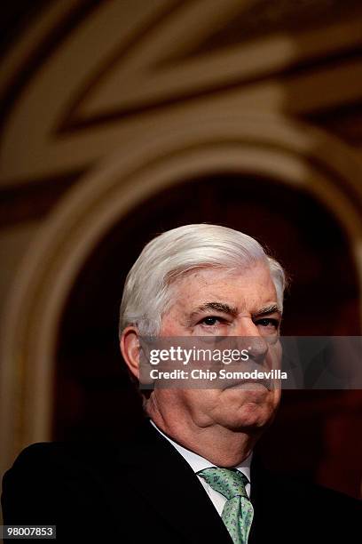 Senate Banking and Urban Affairs Committee Chairman Christopher Dodd participates a rally and news conference about the benefits to seniors in the...