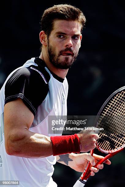 Daniel Koellerer of Austria reacts after a point against Christophe Rochus of Germany during day two of the 2010 Sony Ericsson Open at Crandon Park...