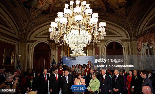 American Association of Retired Persons Board Chair Bonnie Cramer speaks during a news conference and rally about the benefits for seniors included...