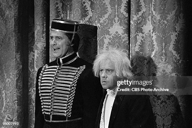 Actors Lyle Waggoner and Tim Conway perform in a scene from "The Carol Burnett Show" which was filmed on January 12, 1973 in Los Angeles, California.