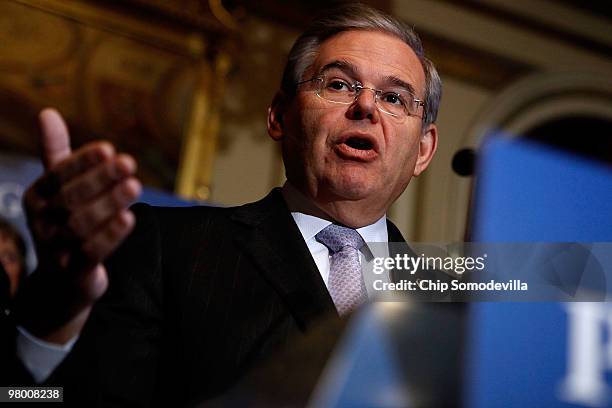 Sen. Robert Menendez speaks during a news conference and rally about the benefits for seniors included in the new health care reform legislation with...