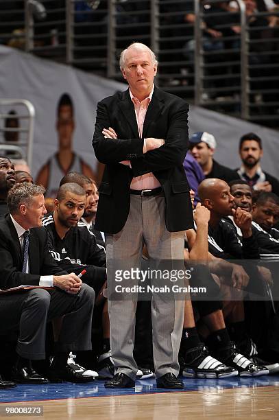 Head coach Gregg Popovich of the San Antonio Spurs looks on from the sideline during the game against the Los Angeles Clippers on February 6, 2010 at...
