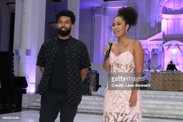 Honoree Debra Lee;s children Quinn Coleman and Ava Coleman speak to the guest during the 2018 BET Awards - Debra Lee Pre-BET Awards Dinner at Vibiana...