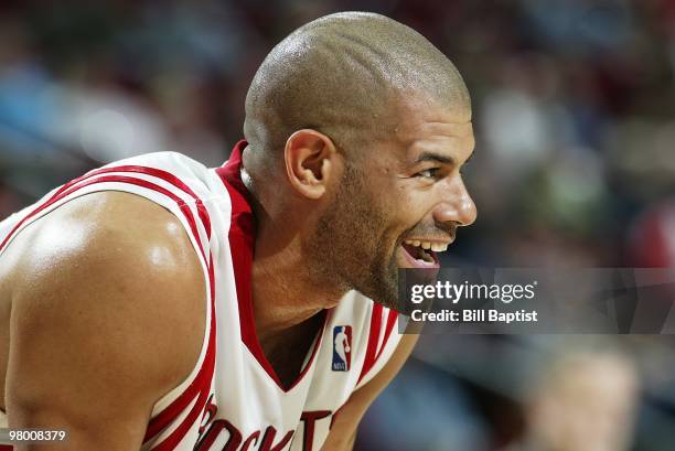 Shane Battier of the Houston Rockets cracks a smile during the game against the Toronto Raptors on March 1, 2010 at the Toyota Center in Houston,...