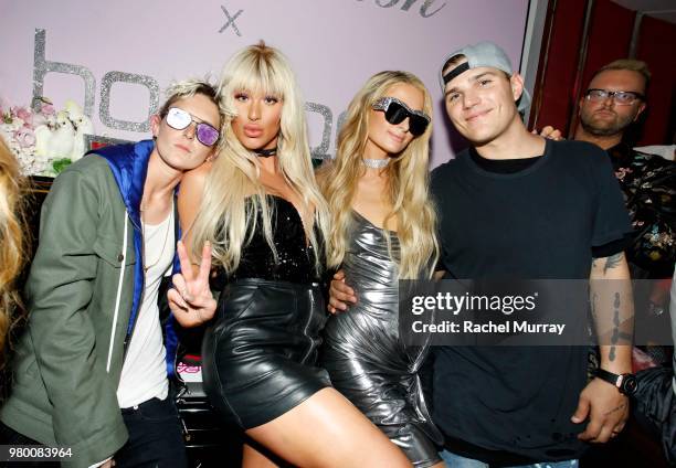 Nats Getty, Gigi Gorgeous, Paris Hilton and Chris Zylka attend the boohoo.com x Paris Hilton Collection Launch Party at Delilah on June 20, 2018 in...