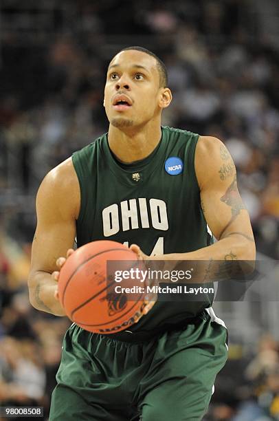 Asown Sayles of the Ohio University Bobcats takes a foul shot during the first round of NCAA Men's Basketball Championship against the Georgetown...