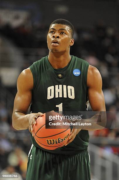 DeVaughn Washington of the Ohio University Bobcats takes a foul shot during the first round of NCAA Men's Basketball Championship against the...