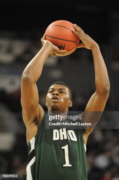 DeVaughn Washington of the Ohio University Bobcats takes a foul shot during the first round of NCAA Men's Basketball Championship against the...