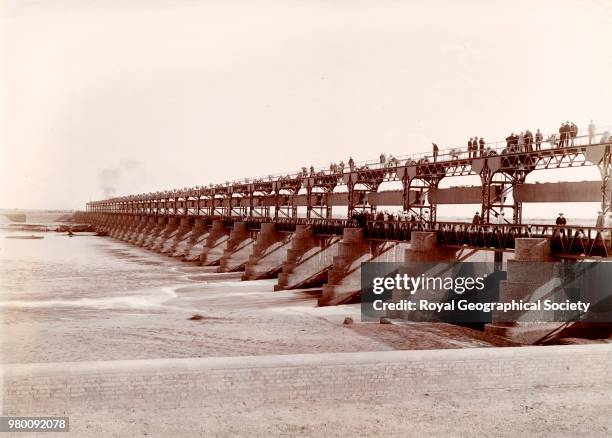 Lower Bari Doab canal - level crossing at Bulloki on river Ravi, view from downstream of the sluices across the river, Pakistan, 1913.