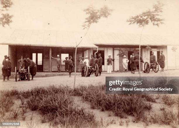 Hausa soldiers at gun drill, Congo River, Democratic Republic of the Congo, 1880.