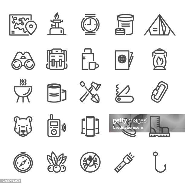 camping survival icons - survival kit stock illustrations