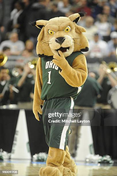 The Ohio University Bobcats mascot looks on during the first round of NCAA Men's Basketball Championship against the Georgetown Hoyas on March 18,...