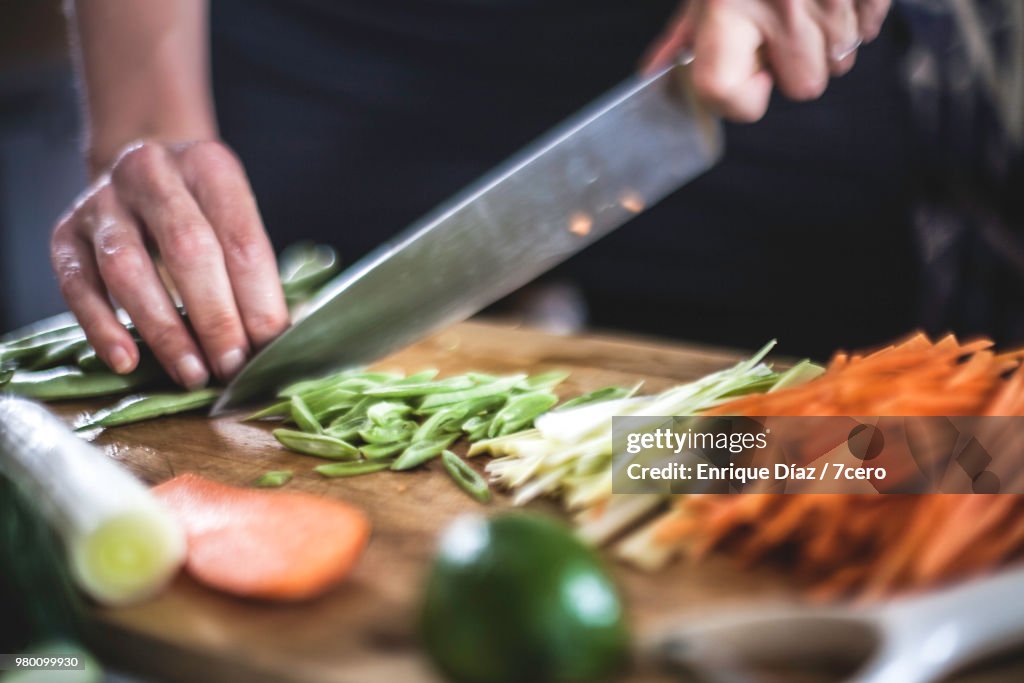 Preparing Julienned Vegetables for Korean Pancakes Close Up