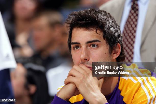 Sasha Vujacic of the Los Angeles Lakers looks on from the bench during the game against the Golden State Warriors at Oracle Arena on March 15, 2010...