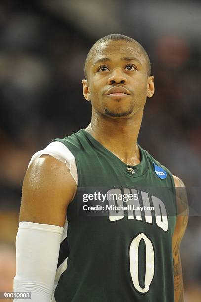 Armon Bassett of the Ohio University Bobcats looks on during the first round of NCAA Men's Basketball Championship against the Georgetown Hoyas on...