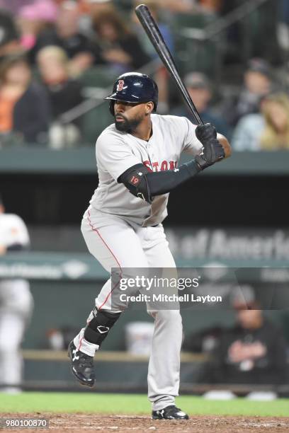 Jackie Bradley Jr. #19 of the Boston Red Sox prepares for a pitch during a baseball game against the Baltimore Orioles at Oriole Park at Camden Yards...