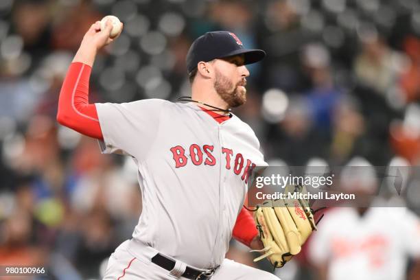 Heath Hembree of the Boston Red Sox pitches during a baseball game against the Baltimore Orioles at Oriole Park at Camden Yards on June 11, 2018 in...