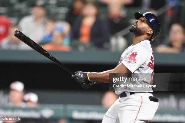 Jackie Bradley Jr. #19 of the Boston Red Sox takes a swing during a baseball game against the Baltimore Orioles at Oriole Park at Camden Yards on...