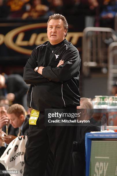 Bob Huggins, head coach of the West Virginia Mountaineers, looks on during the Big East Quarterfinal College Basketball Championship game against the...