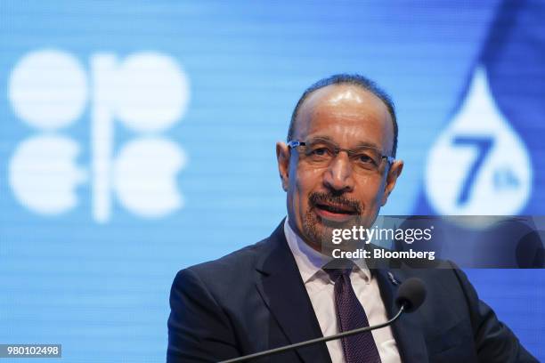 Khalid al-Falih, Saudi Arabia's energy minister, speaks during day two of the 7th Organization Of Petroleum Exporting Countries international seminar...