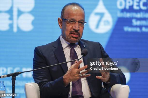 Khalid al-Falih, Saudi Arabia's energy minister, gestures as he speaks during day two of the 7th Organization Of Petroleum Exporting Countries...