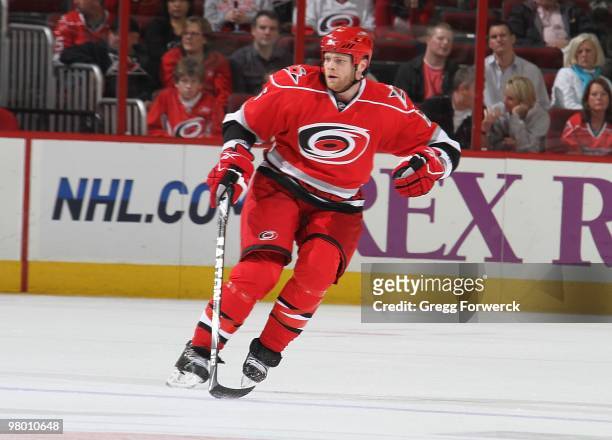 Tim Gleason of the Carolina Hurricanes skates for a defensive position on the ice during a NHL game against the Phoenix Coyotes on March 13, 2010 at...
