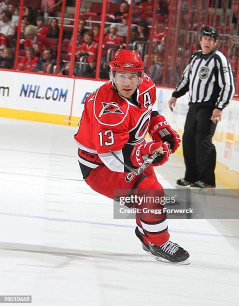 Ray Whitney of the Carolina Hurricanes skates for position along the boards during a NHL game against the Phoenix Coyotes on March 13, 2010 at RBC...