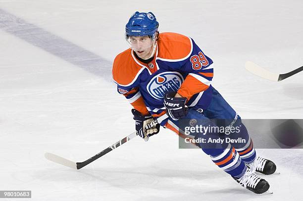 Sam Gagner of the Edmonton Oilers follows the play during a game against the Vancouver Canucks at Rexall Place on March 23, 2010 in Edmonton,...