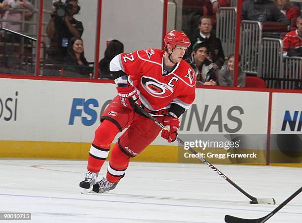 Eric Staal of the Carolina Hurricanes carries the puck during a NHL game against the Phoenix Coyotes on March 13, 2010 at RBC Center in Raleigh,...